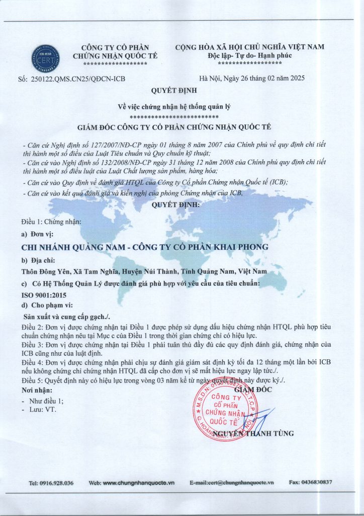 Chung nhan ISO 9001:2015 nha may gach khong nung Khai Phong